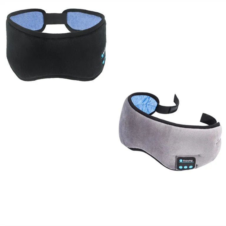 Black Bluetooth sleep eye mask with built-in speakers and soft fabric.