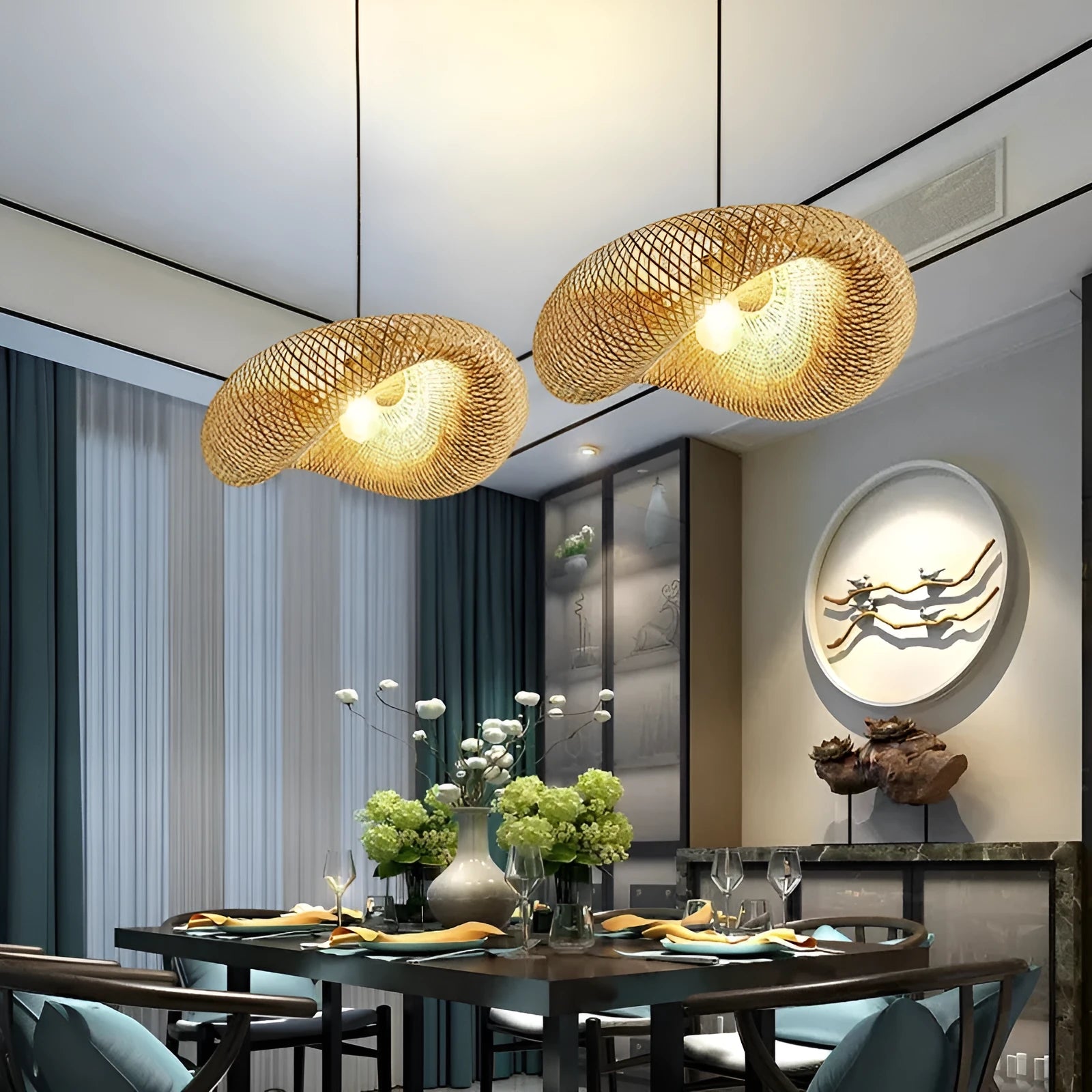 Natural bamboo straw hat shaped pendant ceiling light with woven rattan shade.