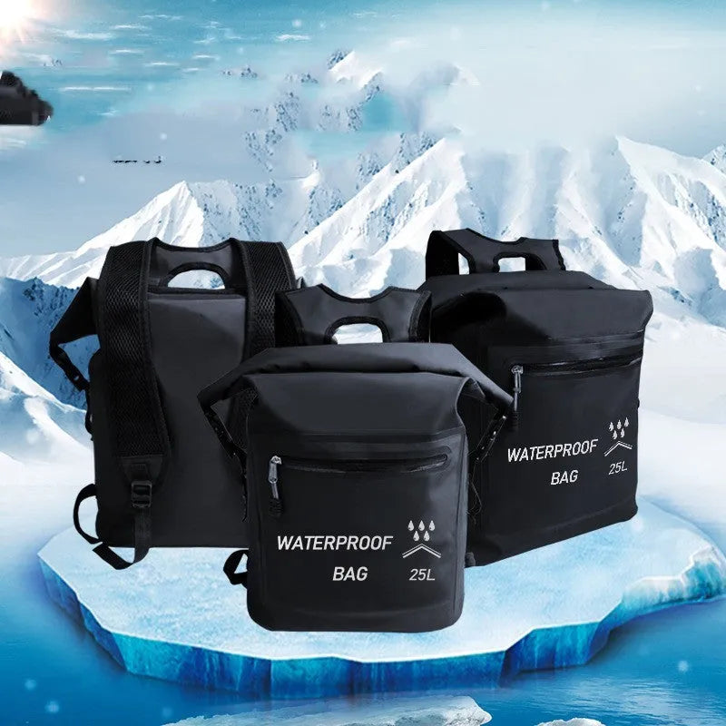 Black 25 litre waterproof backpack for outdoor swimming and rafting activities