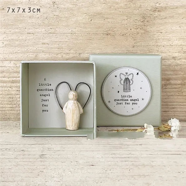 Guardian angel figurine ornament in gift box with plastic and resin construction, modern cartoon style