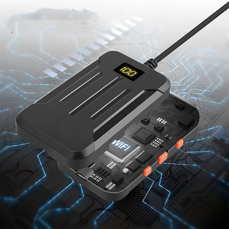 F300 wireless endoscope with dual 5.5mm and 8mm cameras, magnet, hook, and 20m cable on a smartphone display.