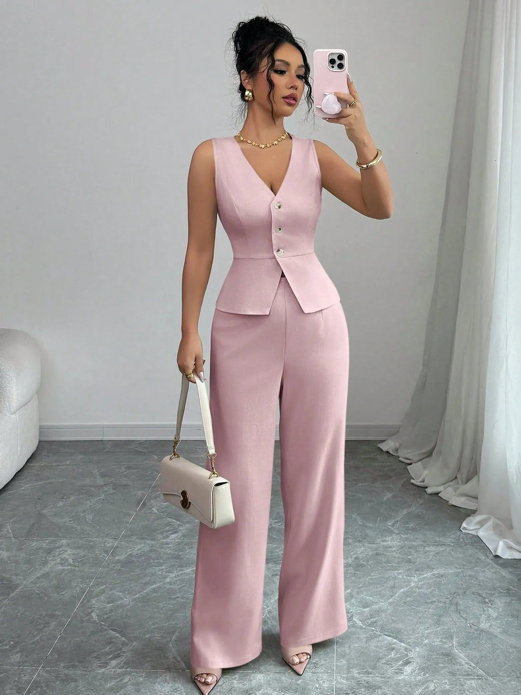 Women's sleeveless vest and high-waist trouser two-piece set in solid colour polyester fabric