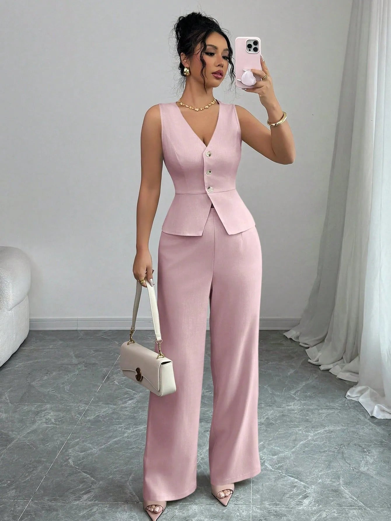 Women's sleeveless vest and high-waist trouser two-piece set in solid colour polyester fabric