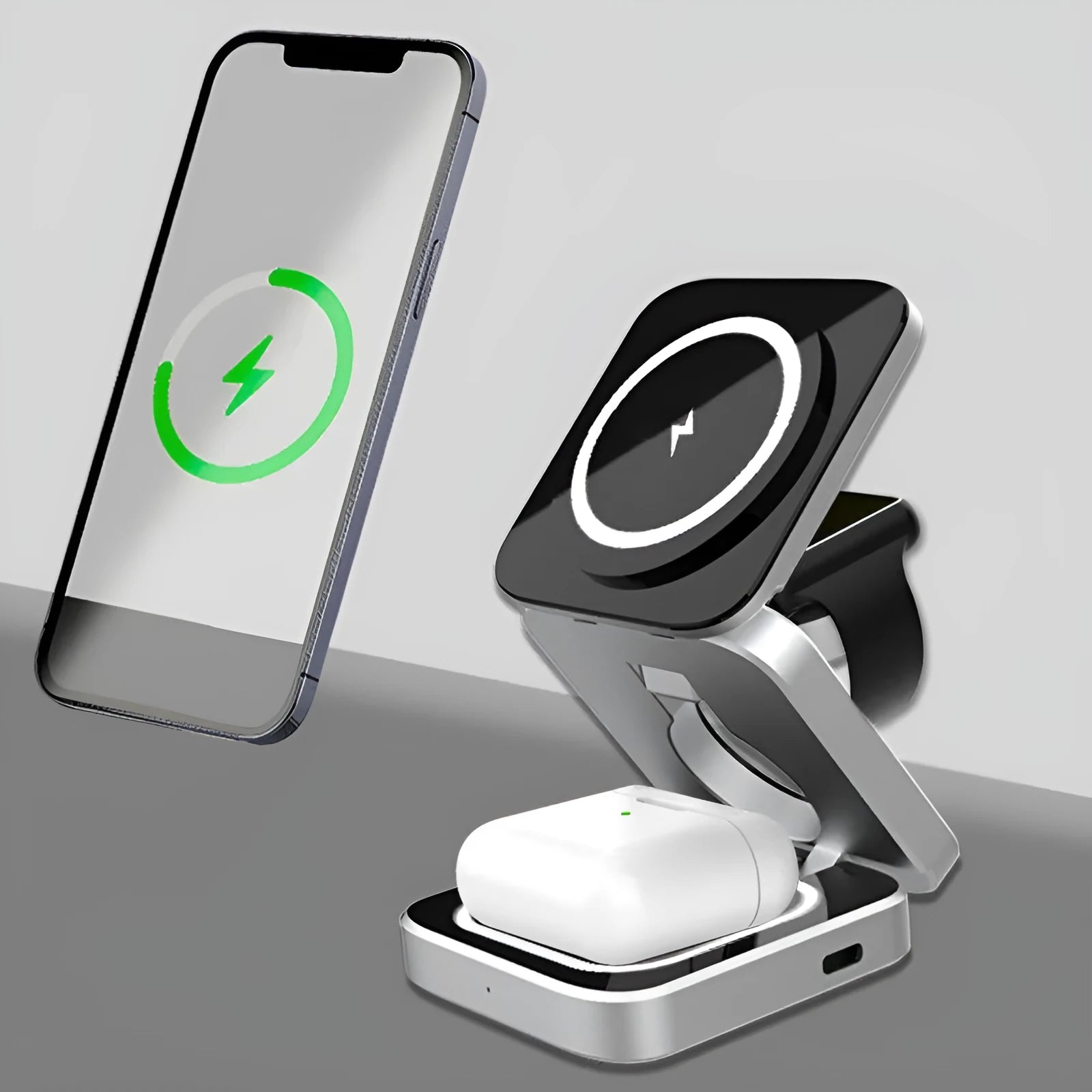 Three-in-one desktop wireless charging bracket with folding design for Apple Samsung Google devices