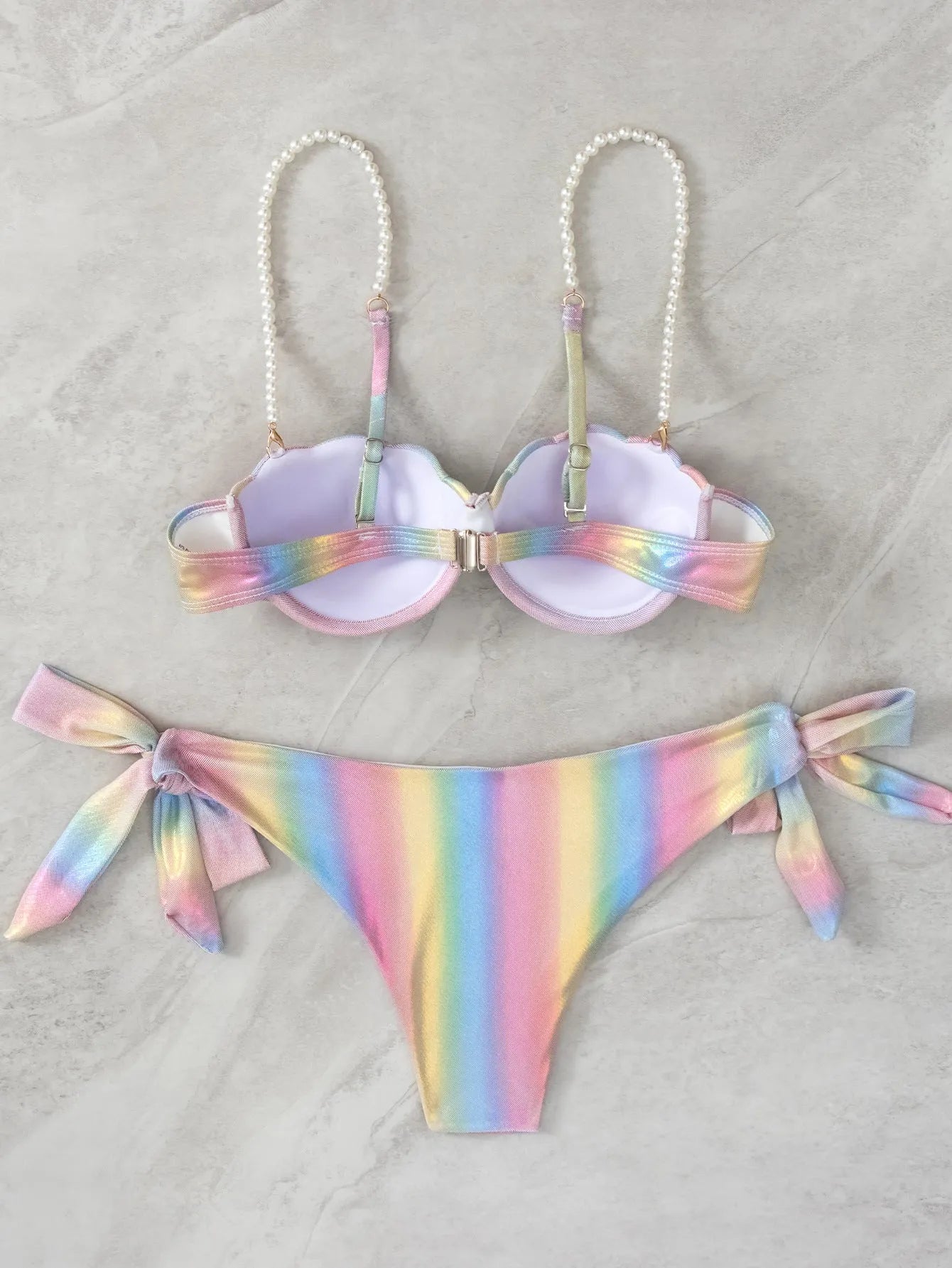 Women's shell rainbow pattern bikini swimsuit with split design and tied back detail
