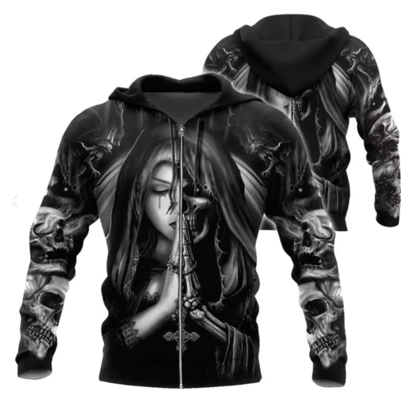 Halloween anime graphic hooded sweatshirt with a raised 3D skull design on the front.