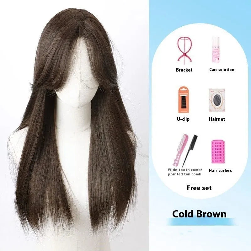 Black long straight full-head synthetic wig with lace front and side bangs.
