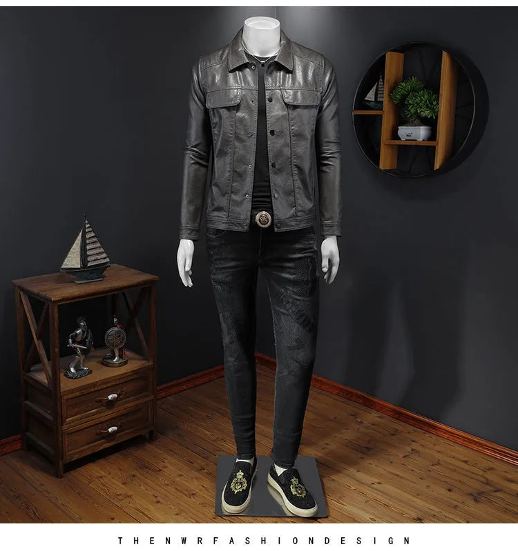 Men's long-sleeved lapel motorcycle PU leather coat in black, regular fit, bag cover slit pockets