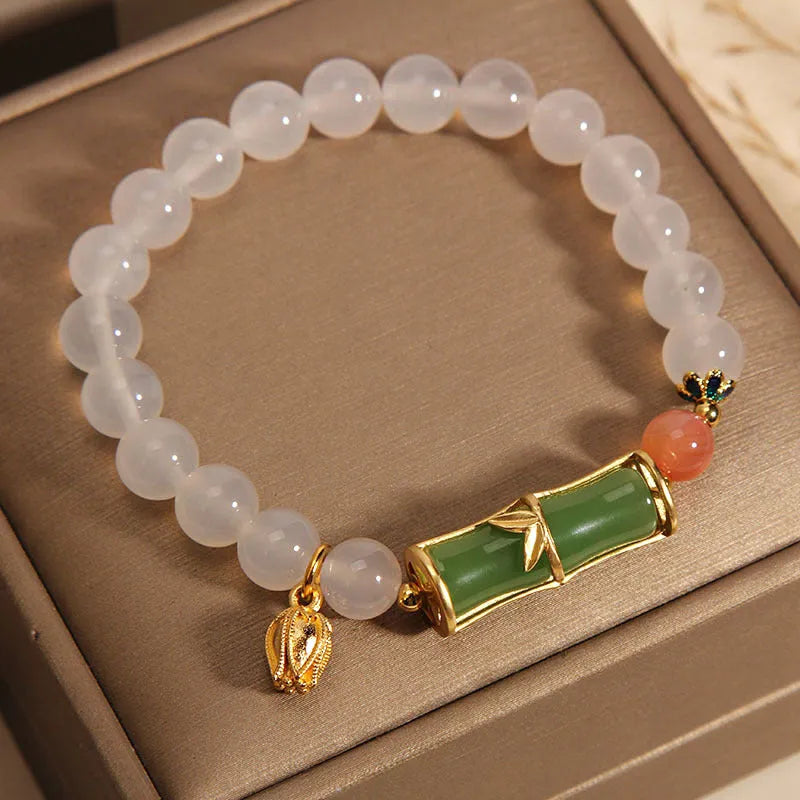 White agate jade bamboo bracelet with Chinese retro design for women