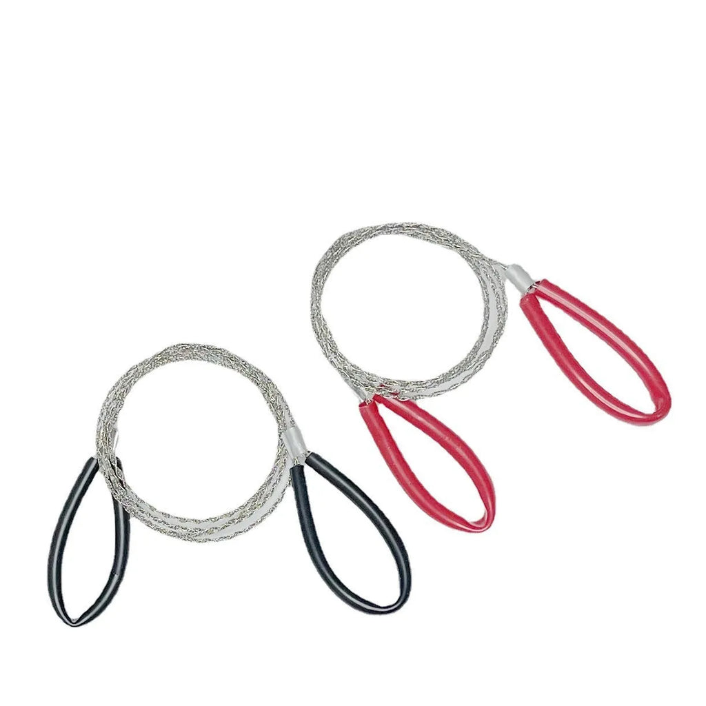 German stainless steel survival wire saw coiled inside a black leather hand case.