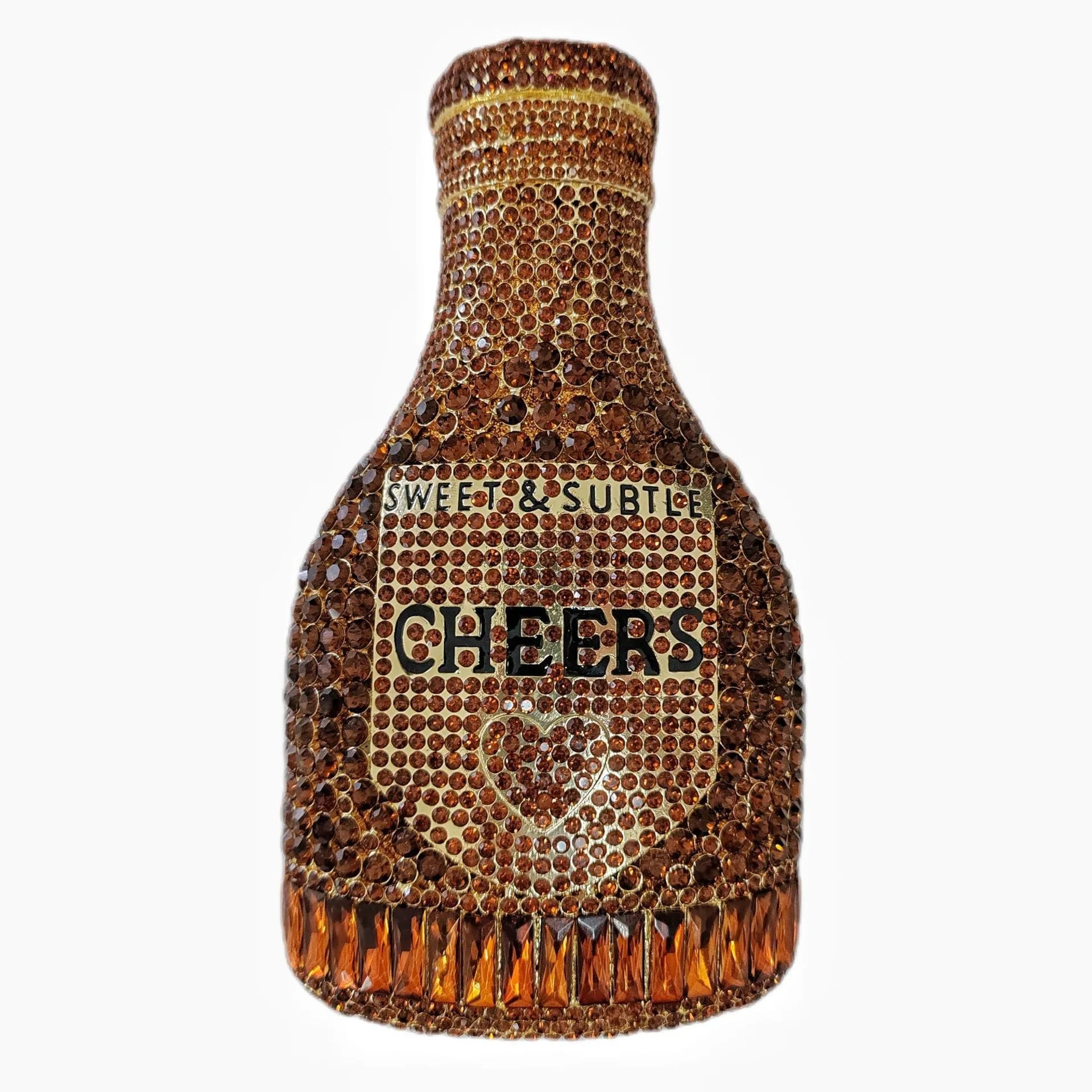 Gold champagne bottle shaped evening clutch with rhinestone decoration on black background