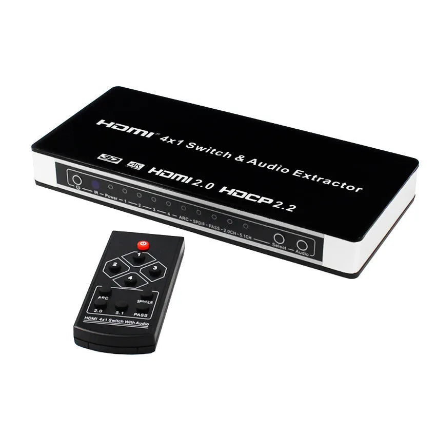 Black HDMI audio-video switch with 4 input ports and 1 output port, remote control included