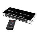 Black HDMI audio-video switch with 4 input ports and 1 output port, remote control included
