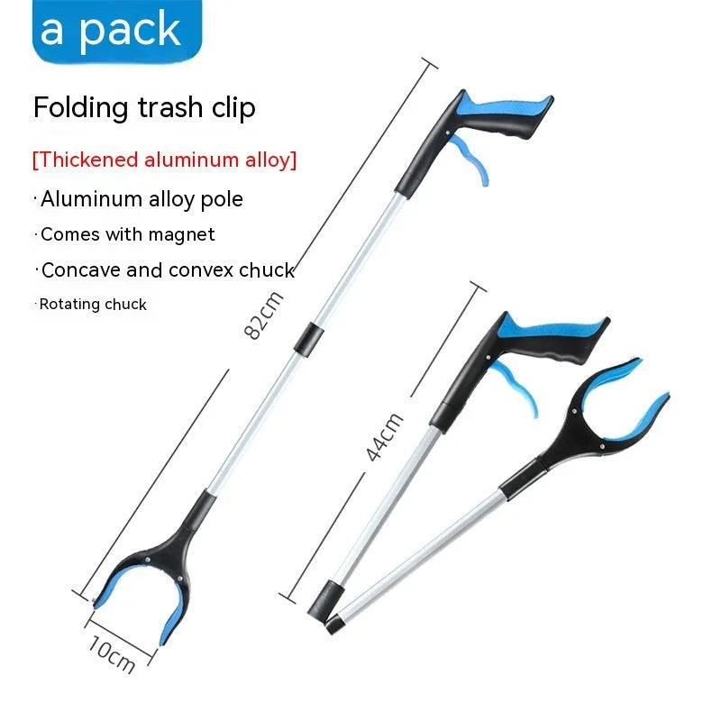 Blue plastic and aluminium alloy trash folder sewer pliers clamping a rubbish bag.