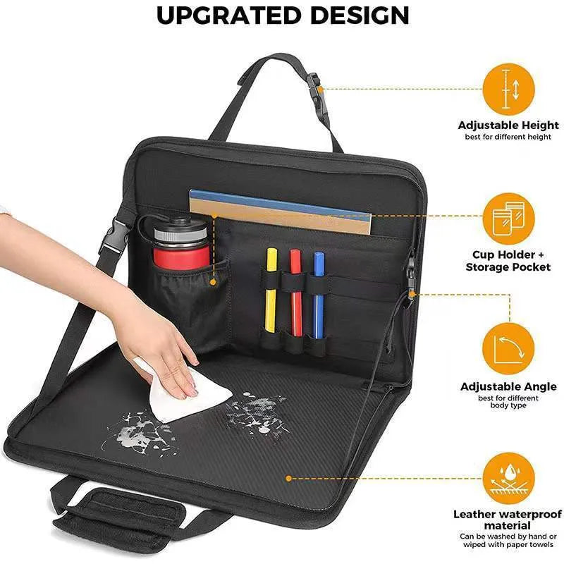 Black Oxford cloth car computer bag with sewing thread details, open showing multifunctional storage and drawing board