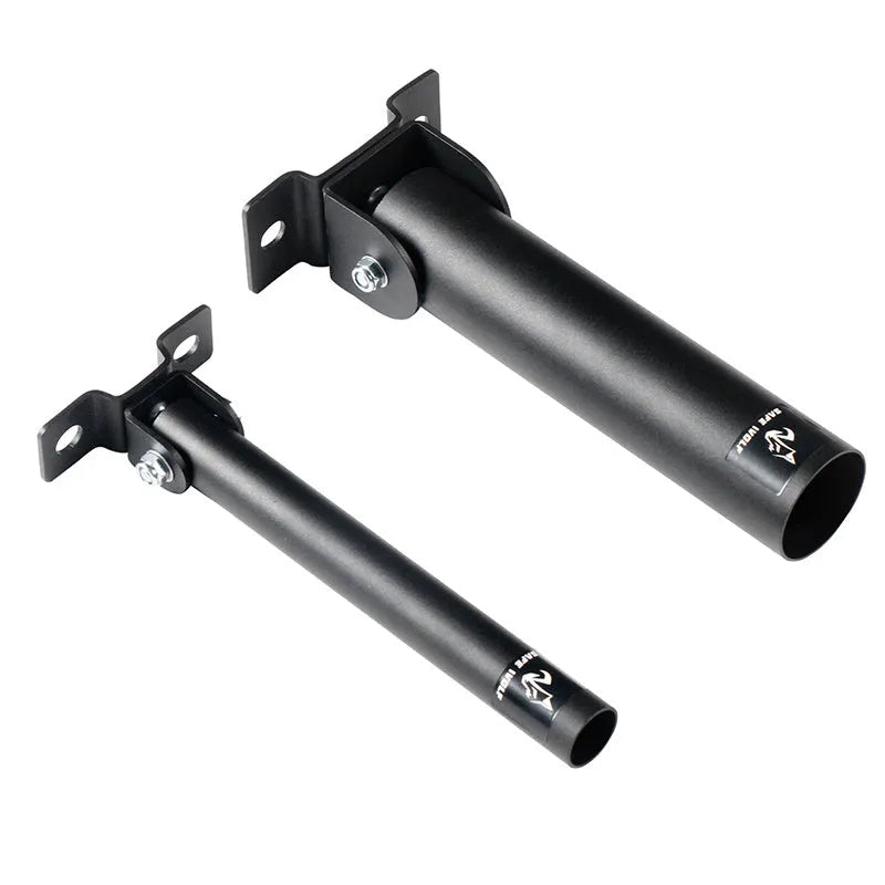 Wall-mounted steel rack with 25 tubes for storing barbells or rods.