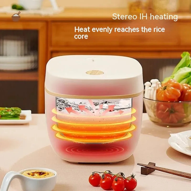 White intelligent multi-function rice cooker with 3L black crystal inner pot and steamer basket