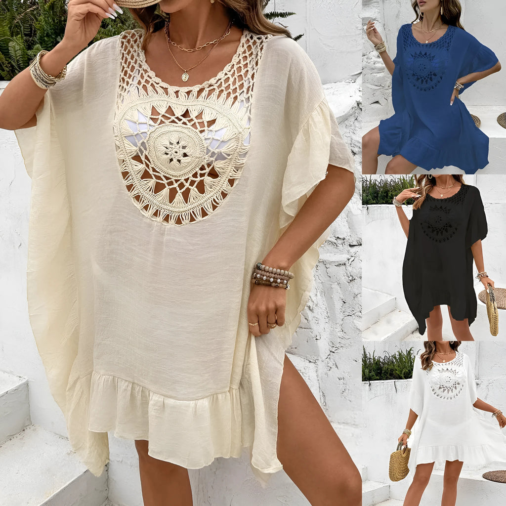 Beach crochet stitching dress swimsuit with patchwork skirt in apricot colour