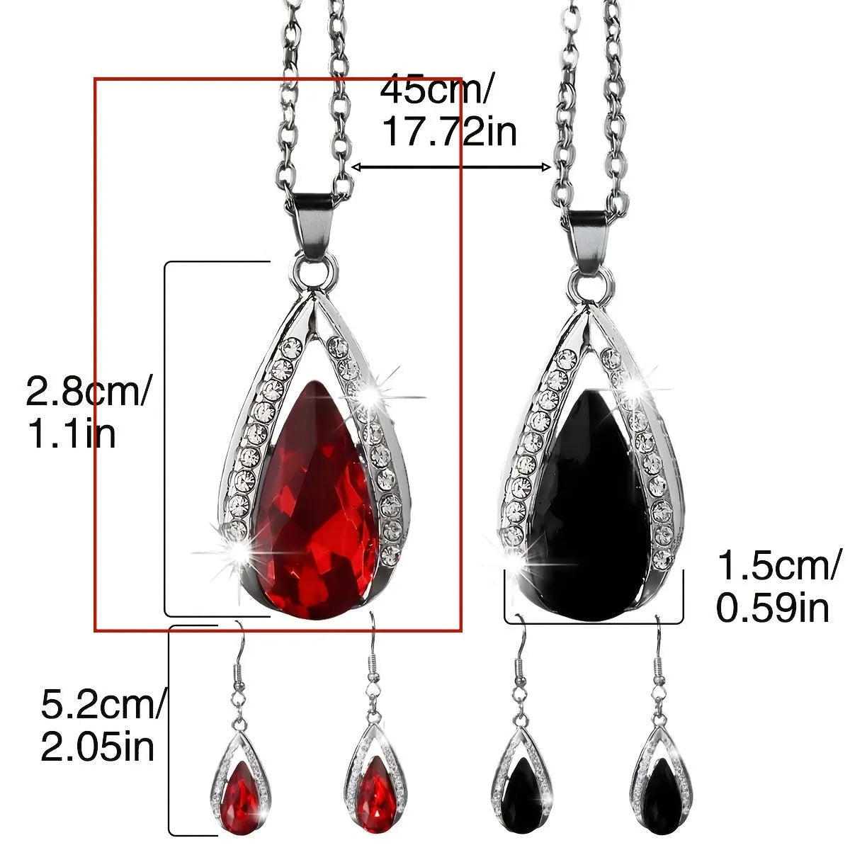 Black and red teardrop glass pendant necklace and earrings jewellery set