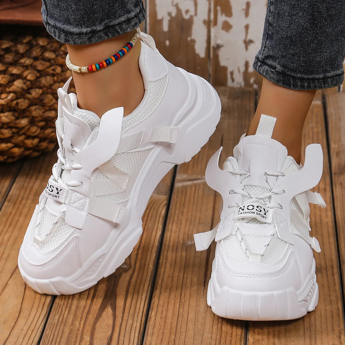 Women's purple platform mesh sports shoes with animal pattern detail and front lace-up closure