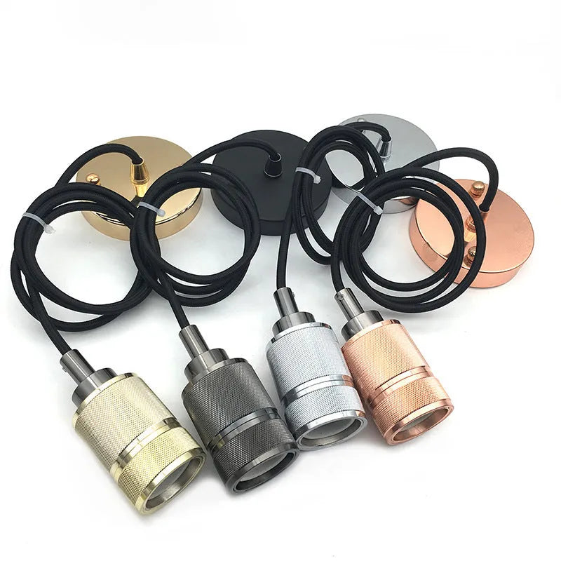 DIY retro chandelier assembly kit showing braided power cord and electroplated lamp holder in chrome finish.