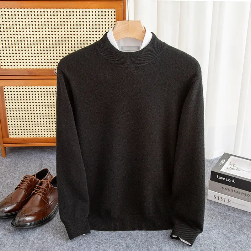 Men's half-collar wool sweater in loose fit showing colour options including black, brown and camel