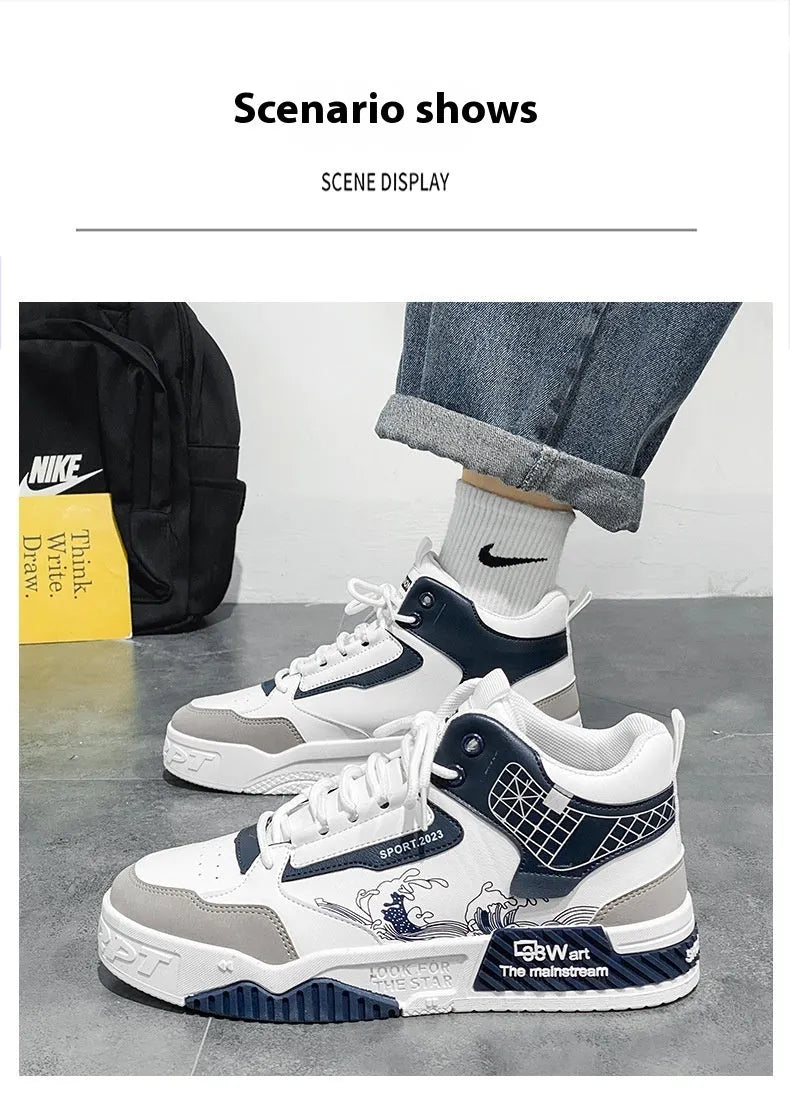 Men's beige high-top lace-up board shoes with a cloth upper and rubber sole on a white background.