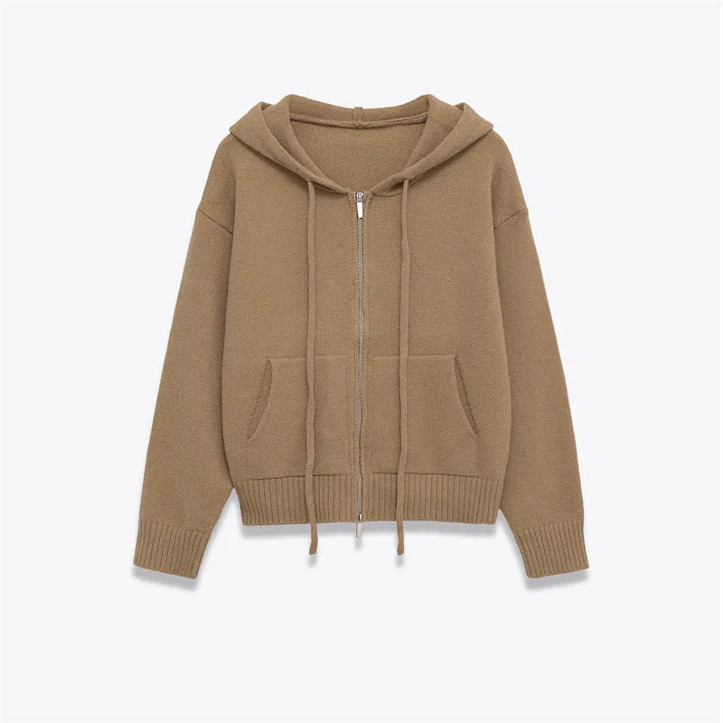 Women's camel zipper knit hooded sweatshirt with spandex fabric, short length 40cm, long sleeves