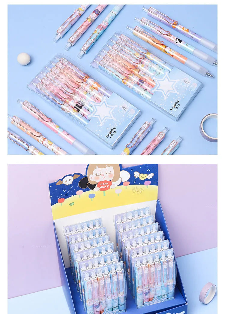Set of six press gel pens with 0.5mm tips featuring cartoon constellation designs in two style options.