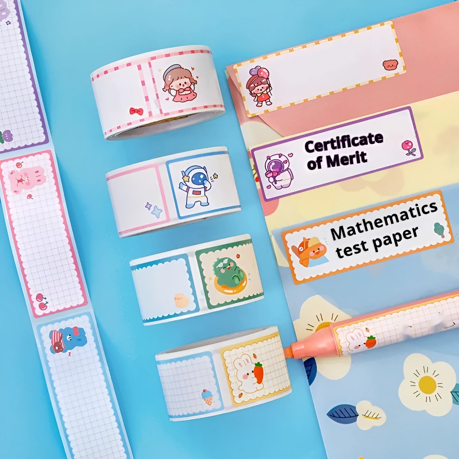 Roll of cartoon-themed adhesive name tape stickers showing dinosaur, astronaut, rabbit, and girl designs.