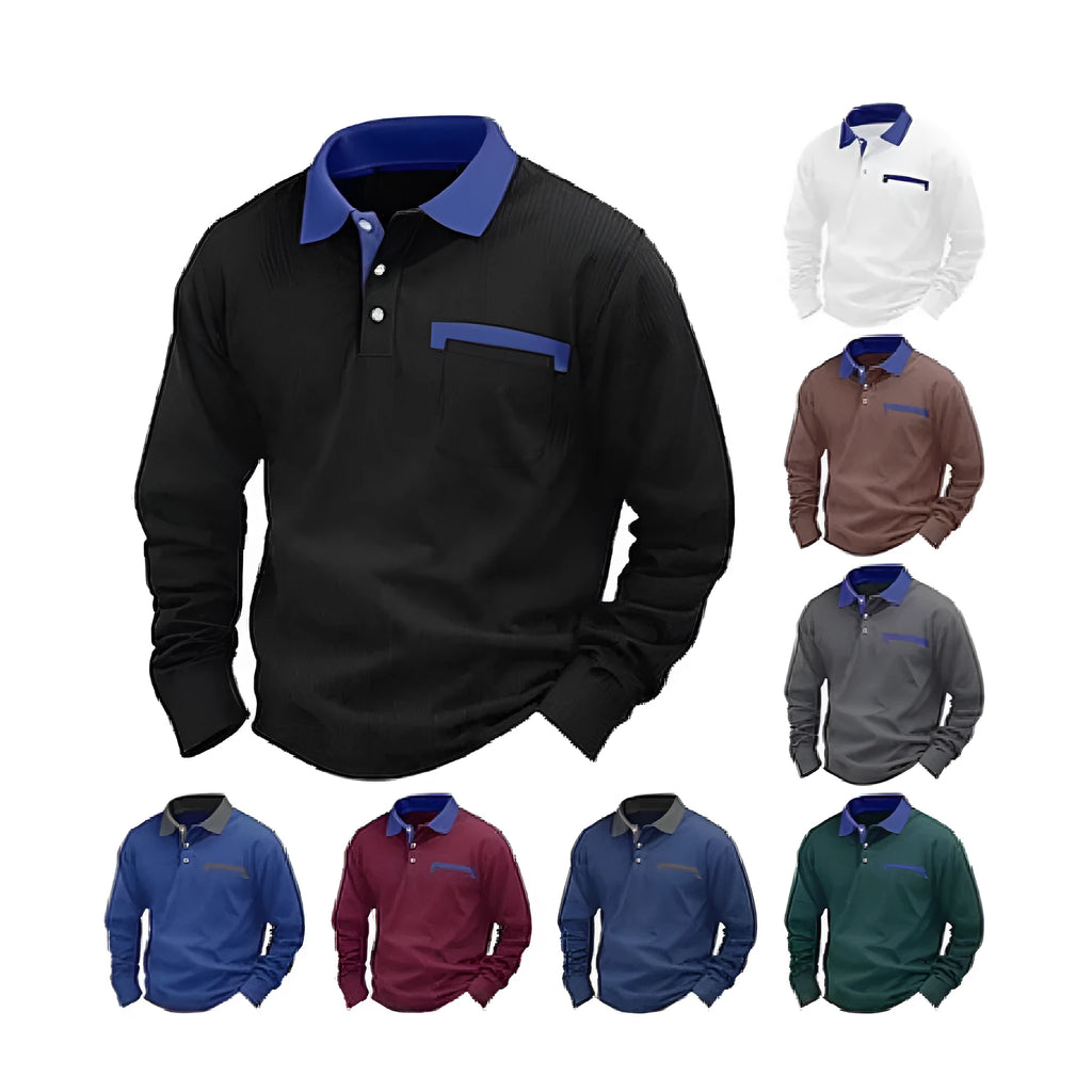 Men's long sleeve waffle texture polo shirt in loose fit with asymmetric design