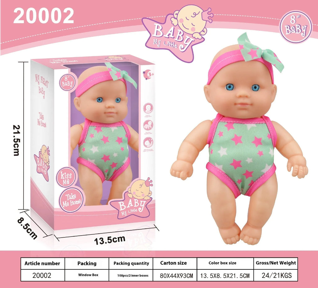 Simulation baby vinyl figurine doll in colour box packaging, 21.5cm tall, realistic design