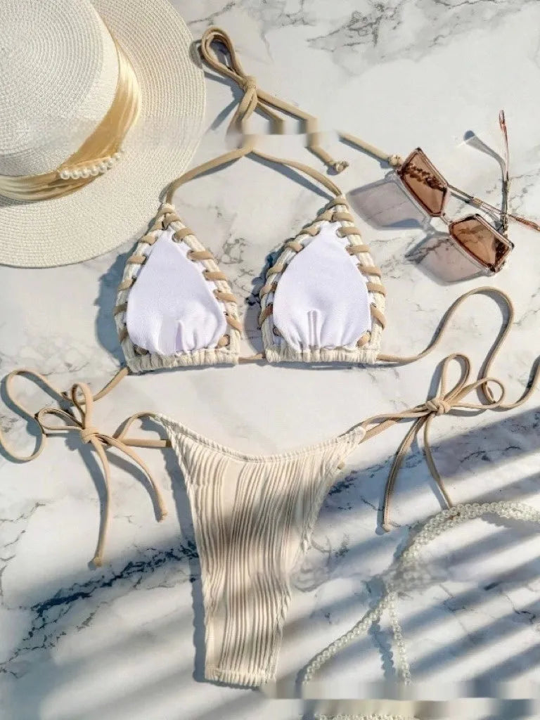 Milky white texture split lace-up swimsuit with small chest push-up, backless briefs style, and nylon fabric