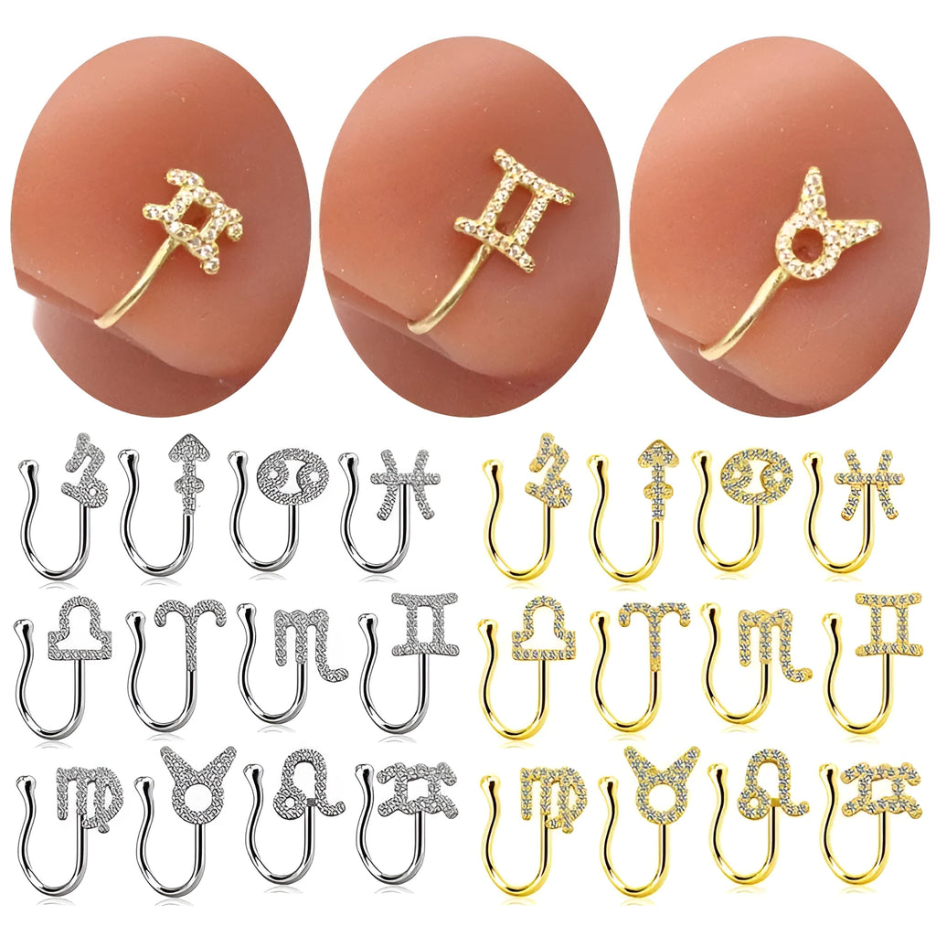 Copper geometric nose ring with electroplated K9 finish in Platinum or Gold, shown in twelve zodiac star sign styles.