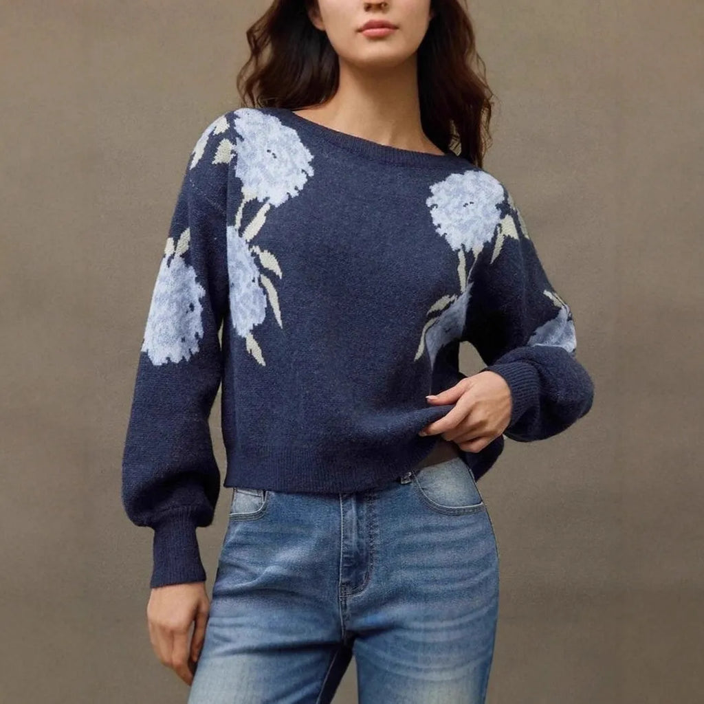 Sapphire blue women's pullover with floral jacquard pattern, loose casual fit with off-neck design