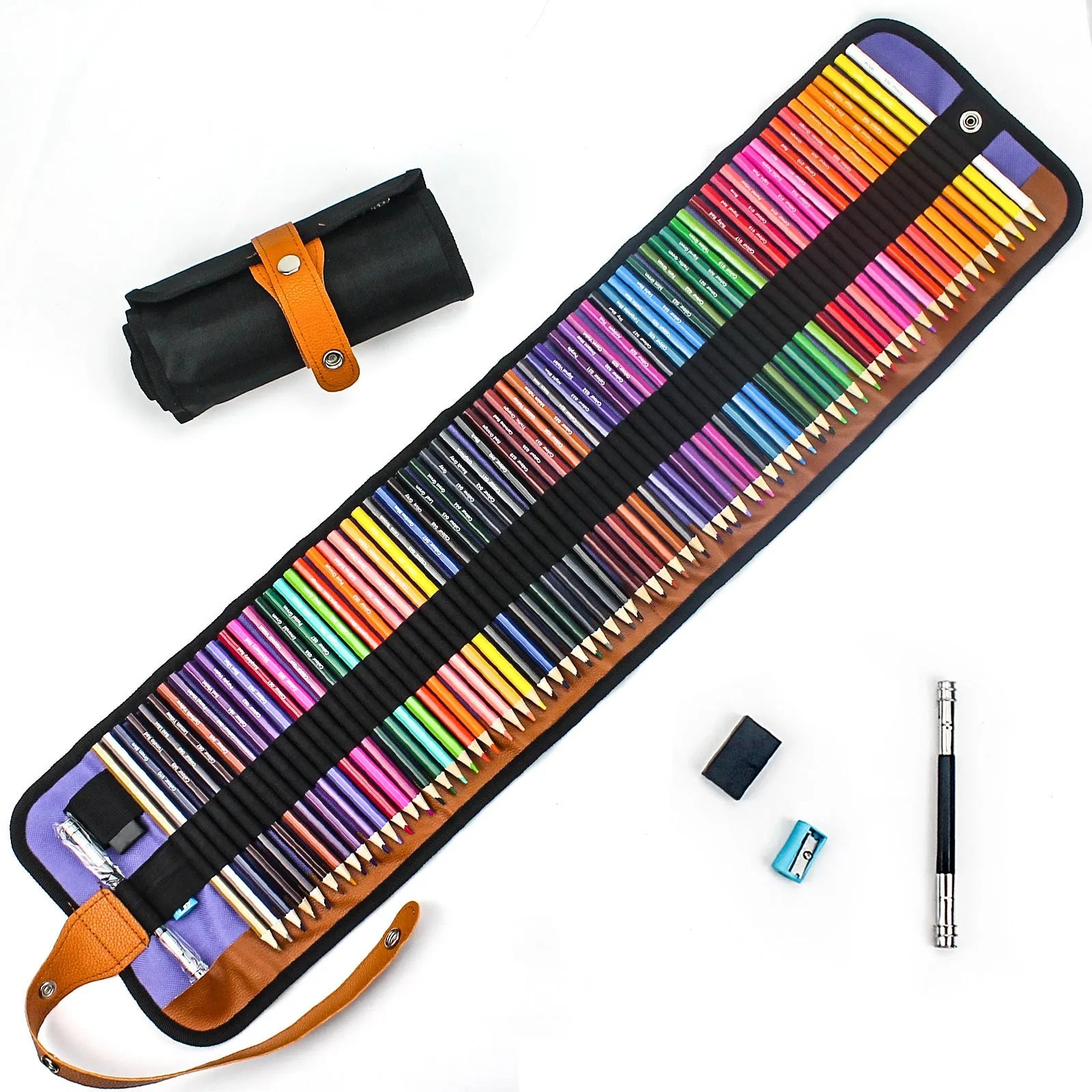 Set of 50 coloured wooden pencils in a variety of colours, presented in a brown wooden storage case.