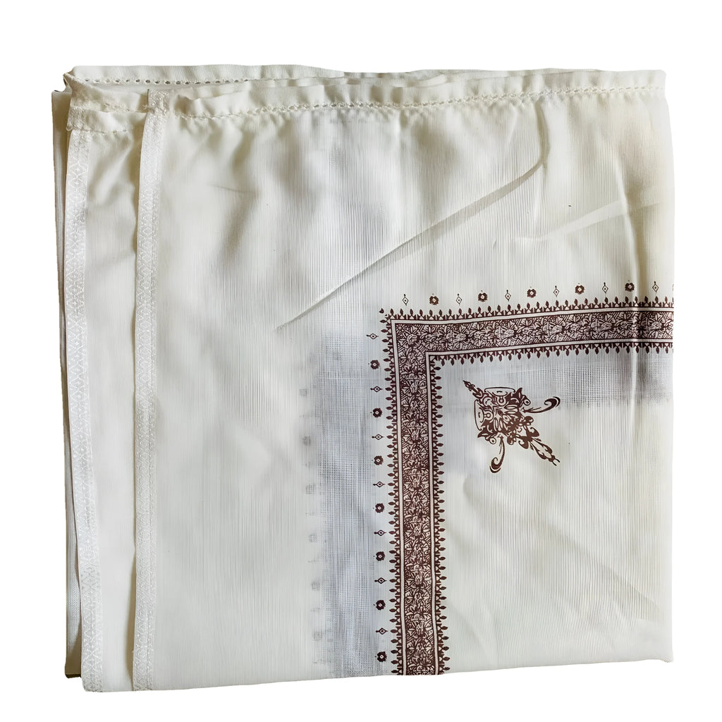 A large brown printed square polyester scarf laid flat, showing its 138x138 cm size.