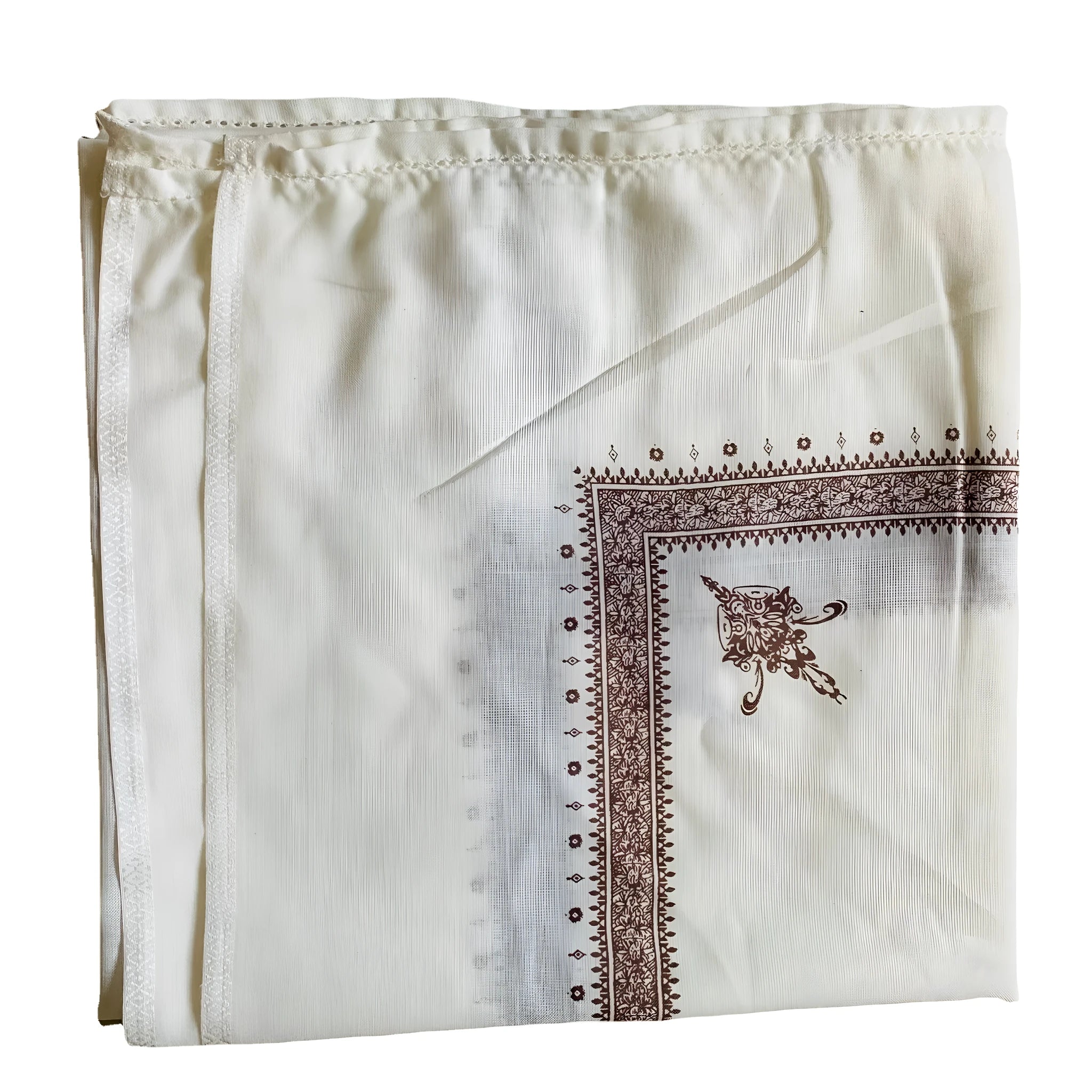 A large brown printed square polyester scarf laid flat, showing its 138x138 cm size.