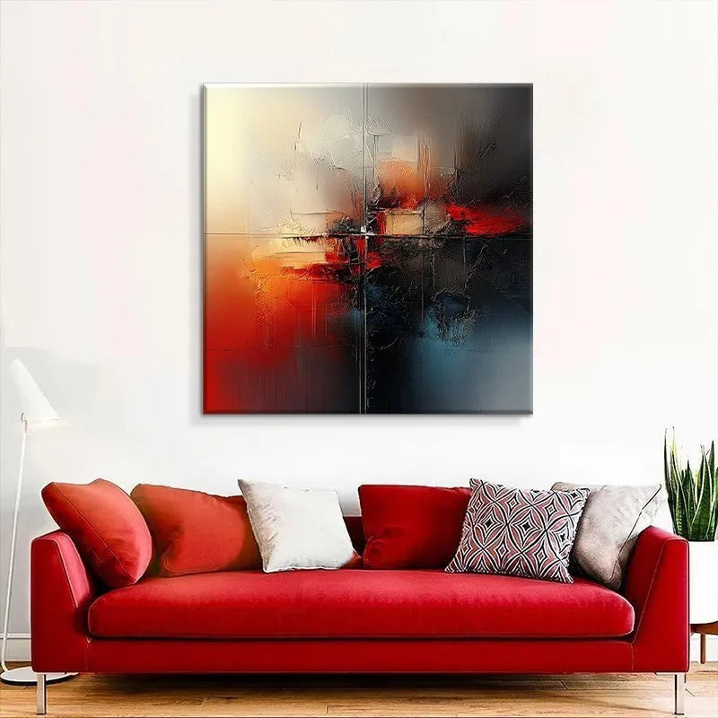 Handmade abstract oil painting on canvas, modern red decor, rolled frameless wall art