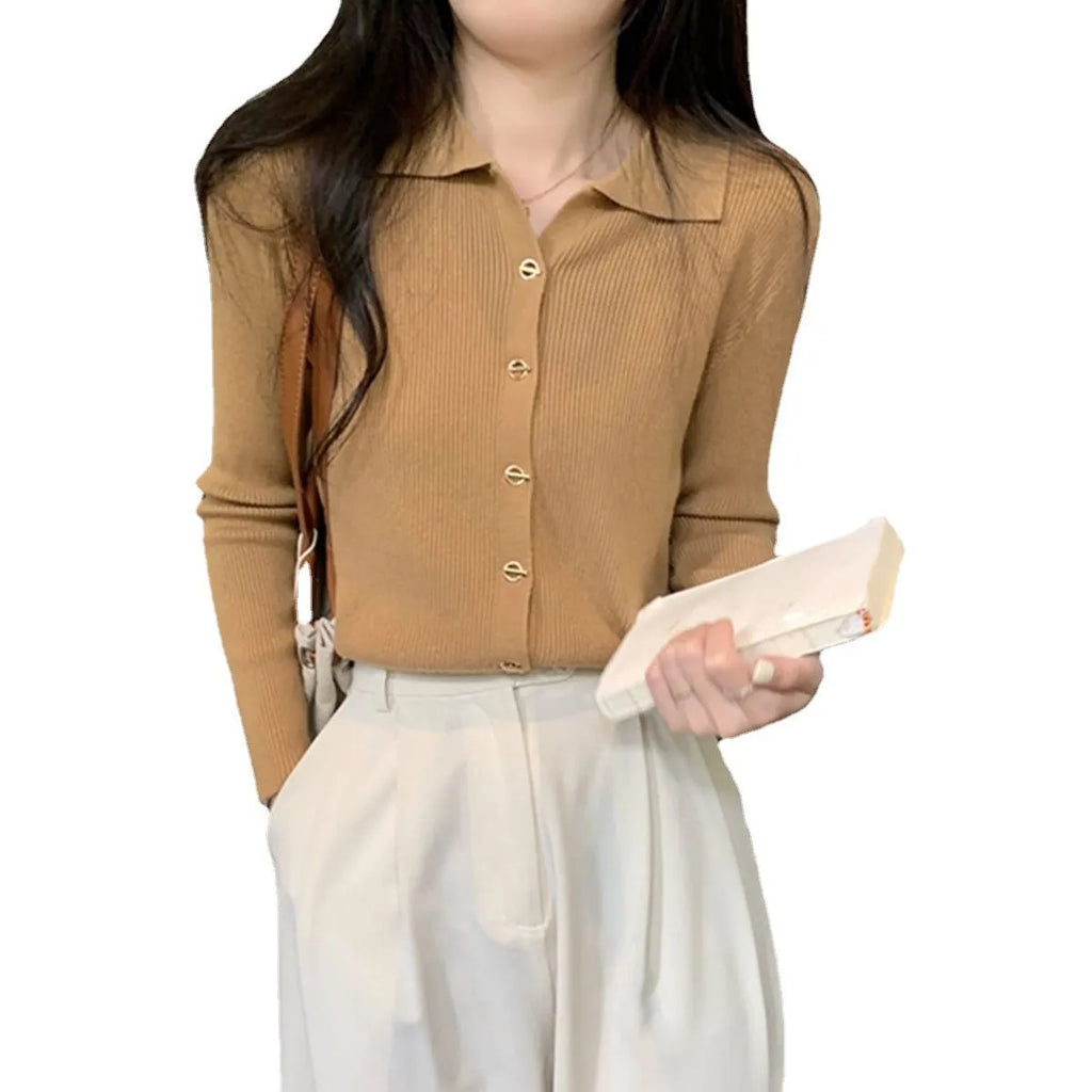 Long-sleeve loose-fit viscose knitted cardigan top in oatmeal colour.