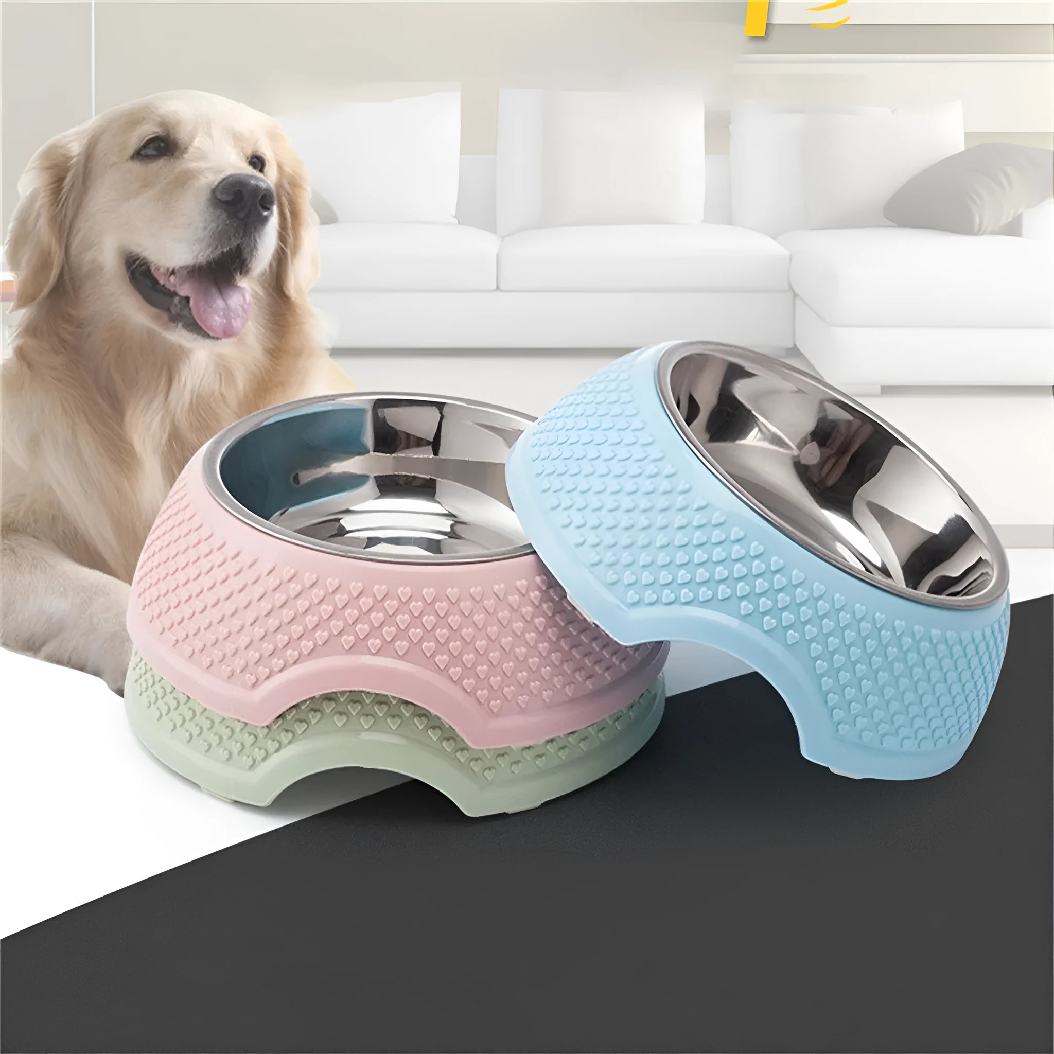 Blue stainless steel pet bowl with non-slip base for cats and dogs