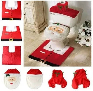 Christmas bathroom decoration set with flannel fabric toilet cover, floor mat, and Santa Claus design