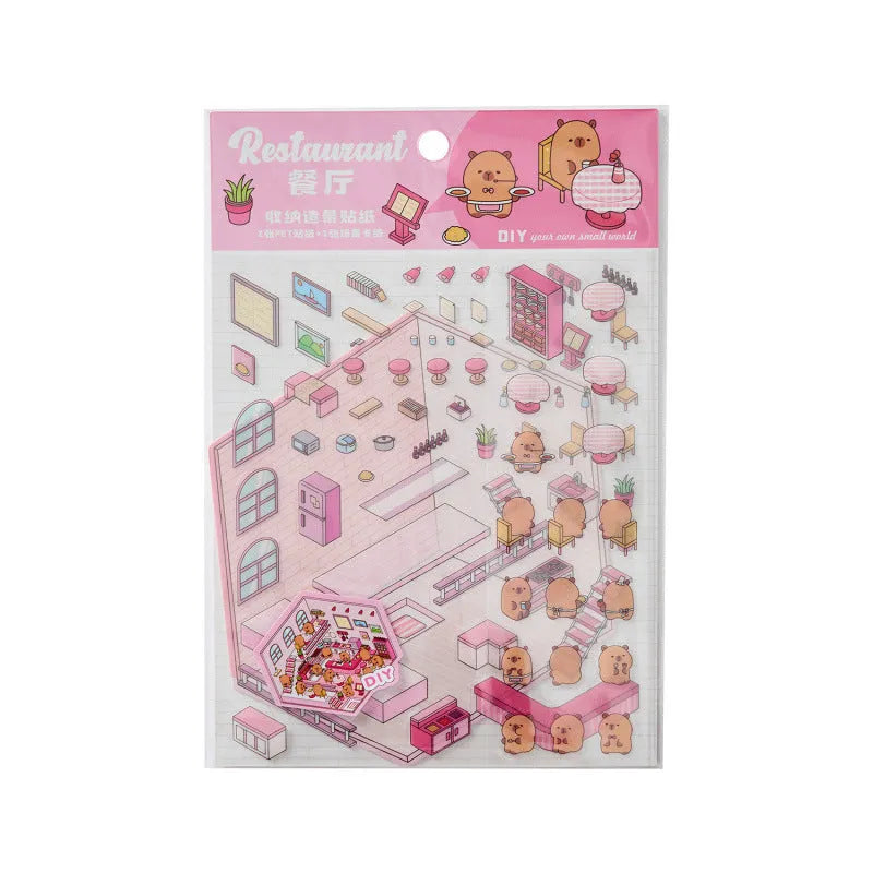 Capabala pre-cut three-dimensional cartoon shop landscape stickers in eight colour themes on a PET sheet.