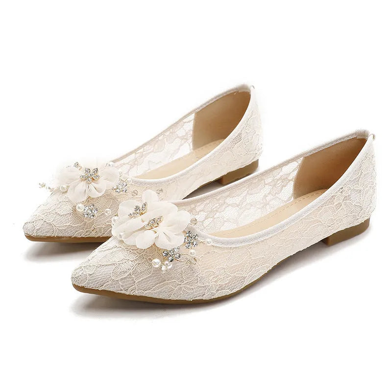 Apricot flat heel wedding shoes with lace and rhinestone details, shallow mouth, low top, sizes 35 to 43