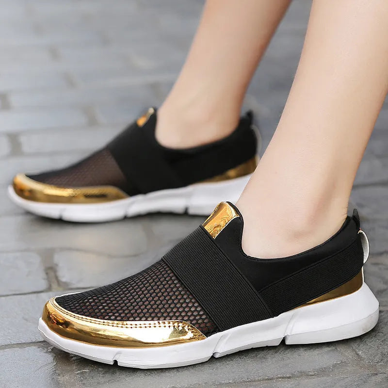 Breathable low top mesh sneakers for women in blue, black or grey, showcasing lightweight casual design.
