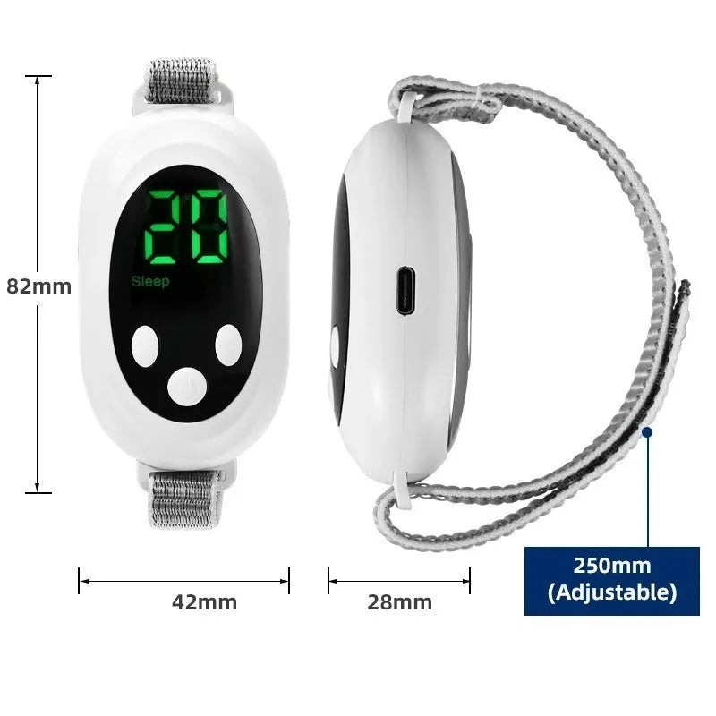 White USB rechargeable sleep aid device with handheld remote control and adjustable intensity settings
