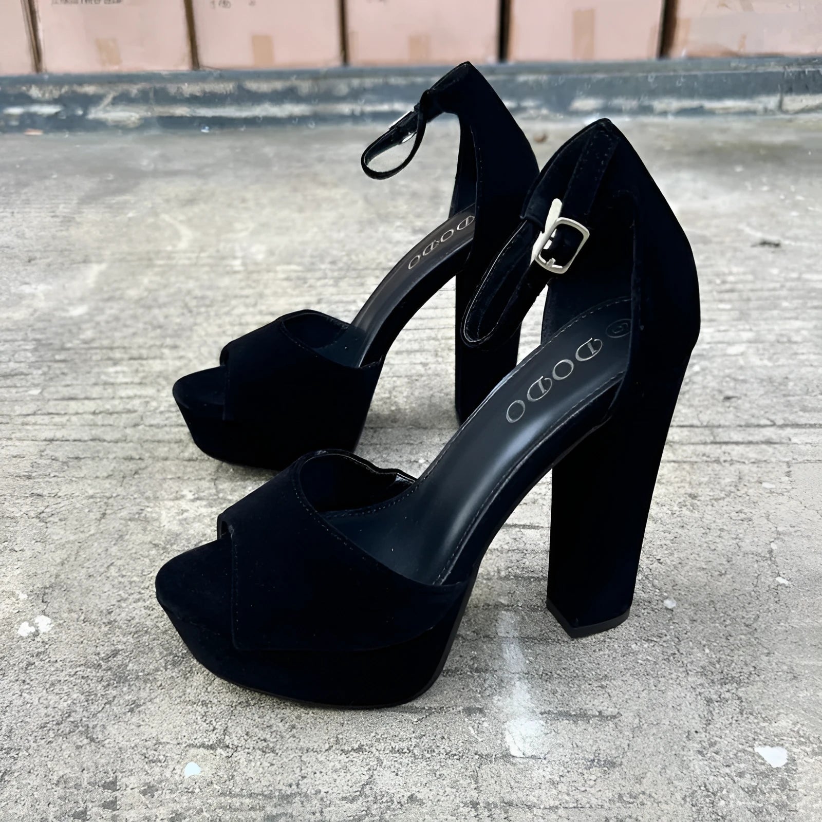 Black suede 13cm chunky heel platform sandals with ankle-strap buckle for women