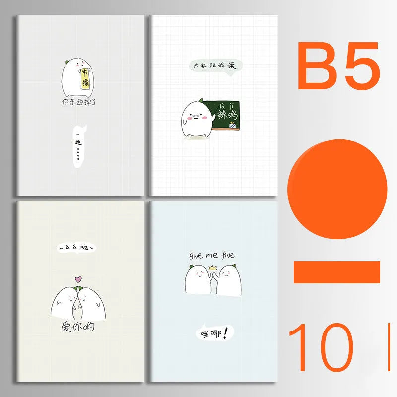 Pack of 10 A5 and B5 soft cover kraft paper notebooks with various designs, showing thread binding.
