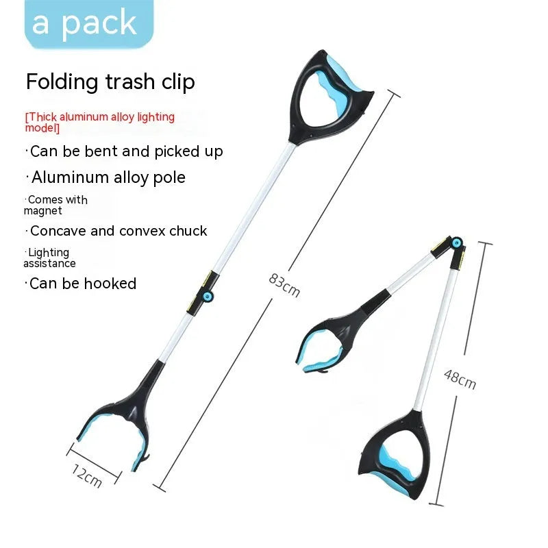 Blue plastic and aluminium alloy trash folder sewer pliers clamping a rubbish bag.