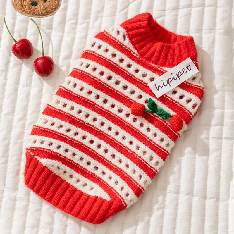 Red knitted cherry pet sweater with white stripes and 3D cherry embroidery for small dogs and cats